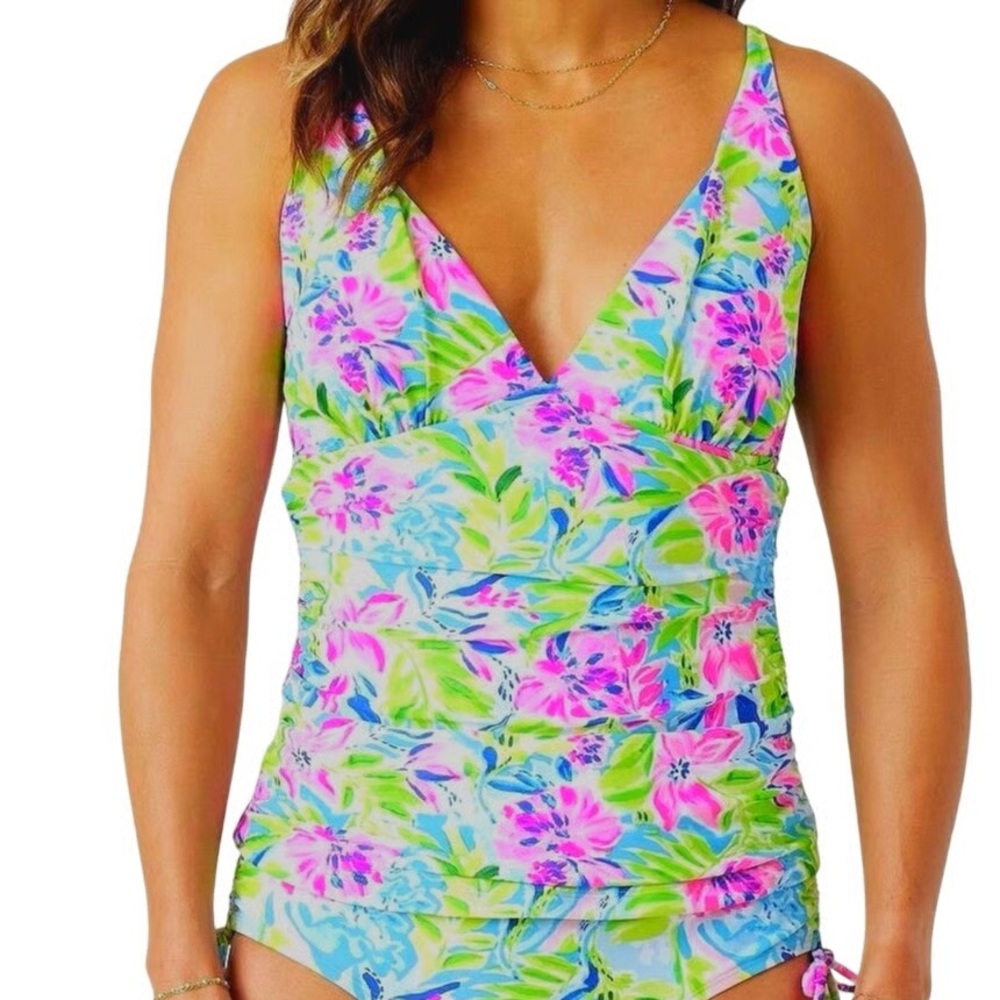Stella Parker Over the Shoulder Tankini Swim Top Floral Waterlily Print Size L